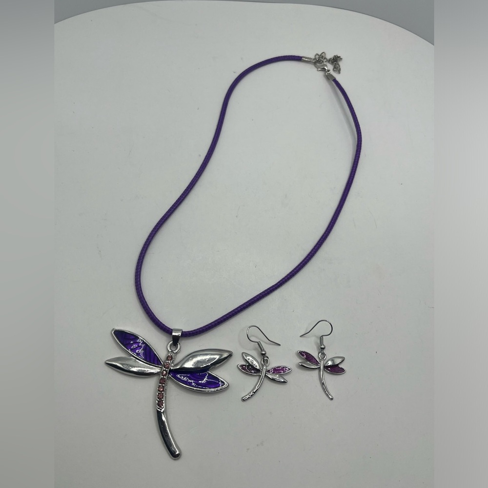 Purple Dragonfly Necklace and Earring Set